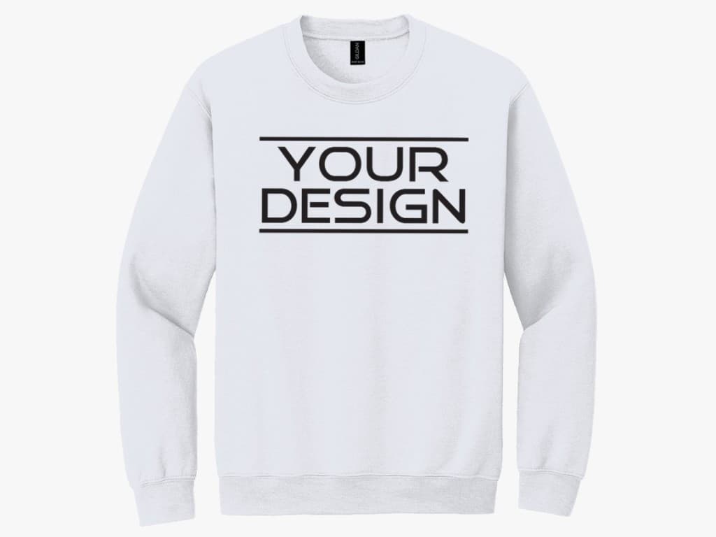 Custom white crew neck sweatshirt with sample Your Design mark