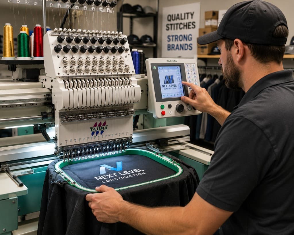 Industrial embroidery machine stitching a logo on apparel