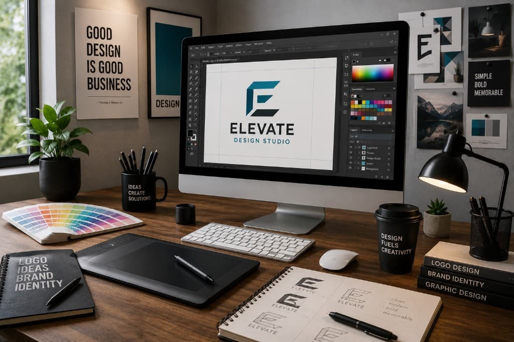 Graphic design workspace with logo concepts on screen