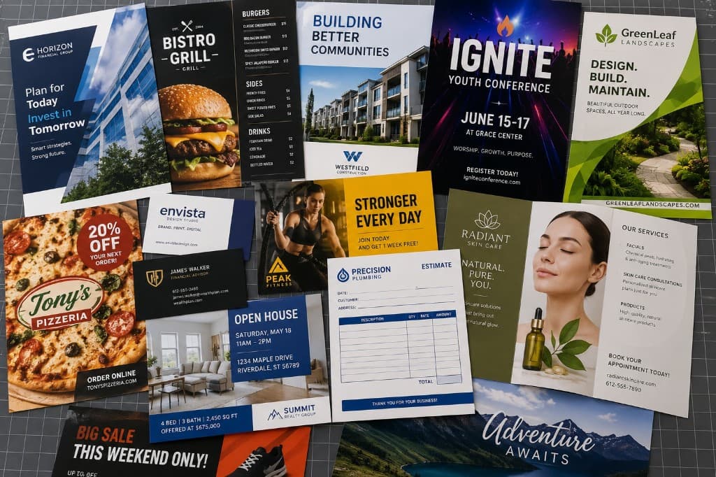 Printed flyers, menus, brochures and business cards