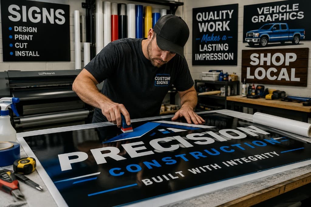 Applying vinyl lettering for custom signs in the shop