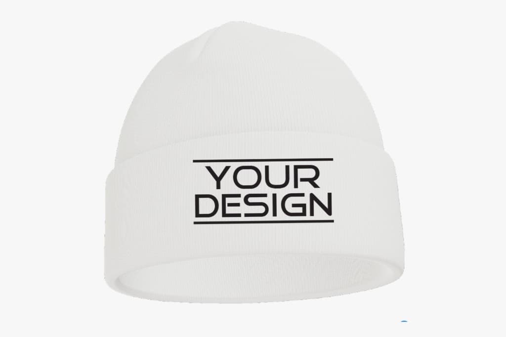 Custom white knit hat with sample Your Design mark