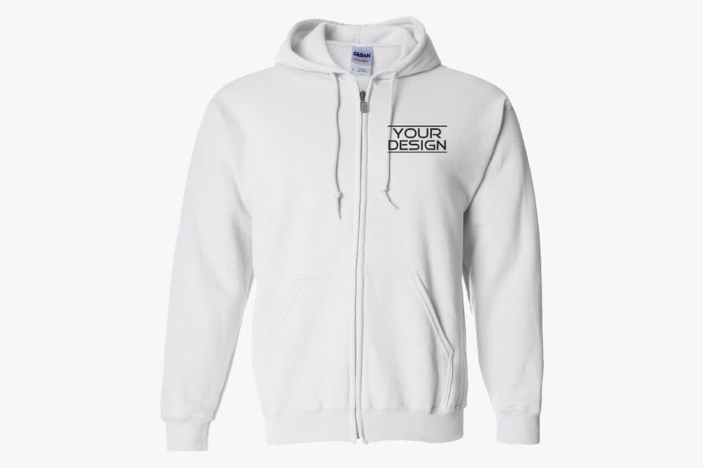 Custom white zip hoodie with sample Your Design mark