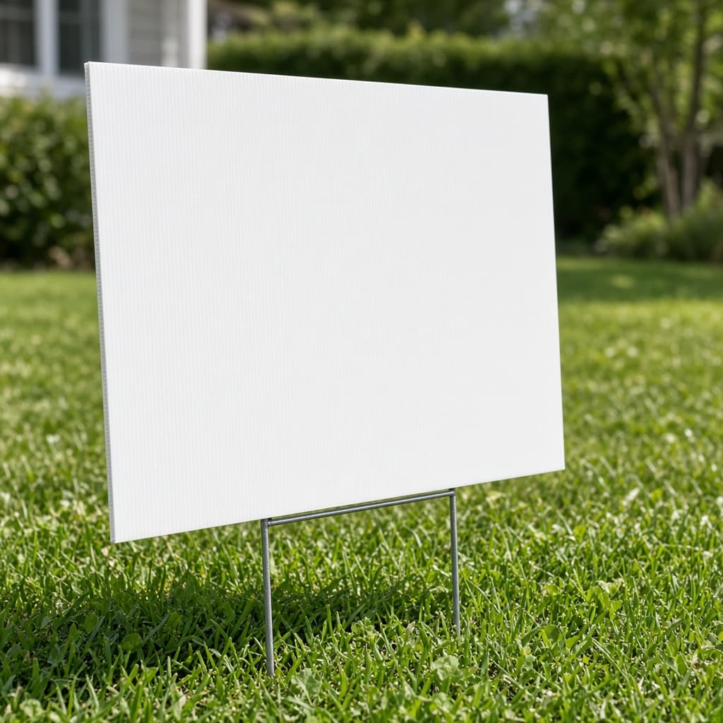 Blank corrugated yard sign on a lawn